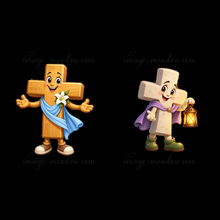 Two cartoon characters representing Easter crosses. One cross has a blue cloth and a flower, while the other holds a lantern. They are cheerful and inviting, su