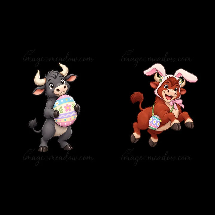 A black ox and a brown calf celebrate Easter by holding colorful decorated eggs. The ox stands confidently while the calf dances with joy, showcasing a festive