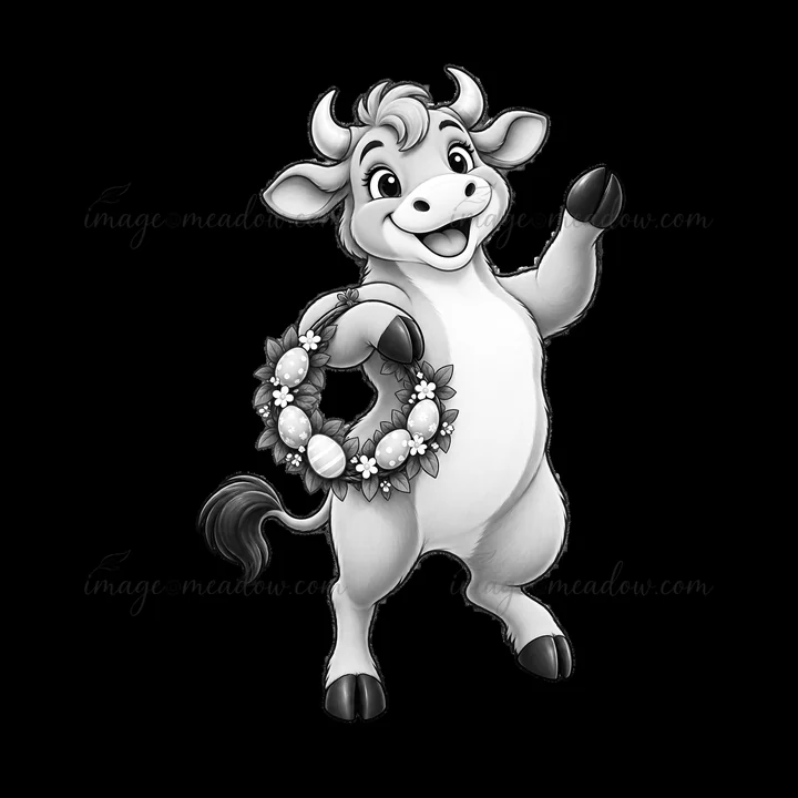 A cartoon ox stands upright, smiling and holding a wreath made of flowers and decorated eggs. The character is cheerful and festive, suitable for Easter theme d