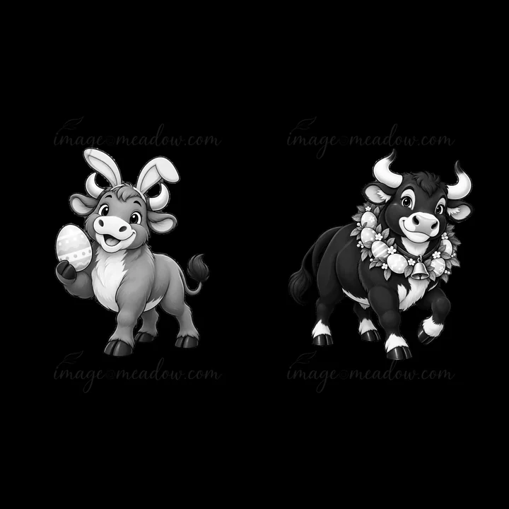 Two cartoon ox characters are celebrating Easter. One ox holds an egg while wearing bunny ears. The other ox wears a floral lei. They are side by side in a play