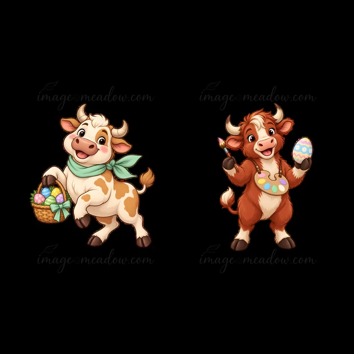 Two cartoon ox characters celebrate Easter. One ox holds a basket filled with colorful eggs while the other displays a painted egg and has a brush in hand. Both