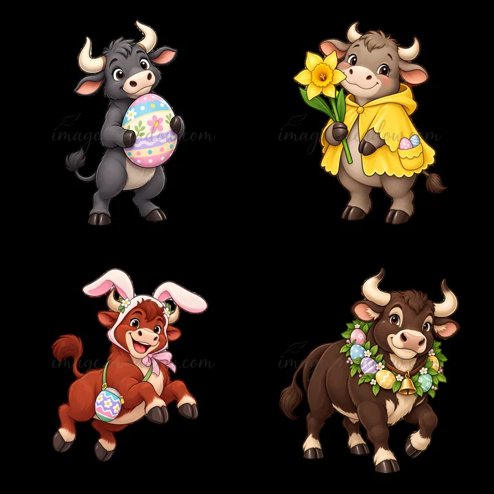 Four cartoon ox illustrations show different characters celebrating Easter. One holds an egg, another carries flowers, and there are two wearing festive accesso