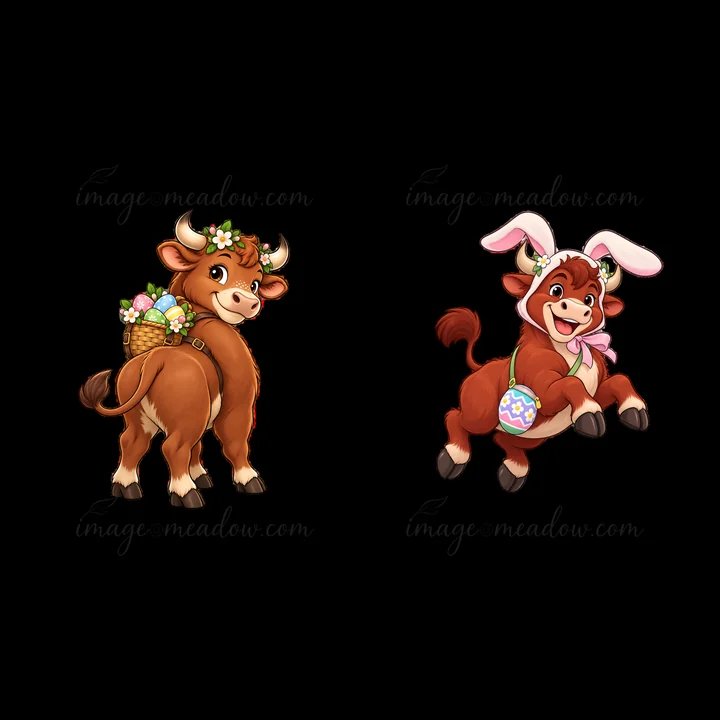 Two cartoon ox characters celebrating Easter. One ox stands with a basket of colorful eggs on its back. The other ox jumps joyfully, wearing bunny ears and a bo