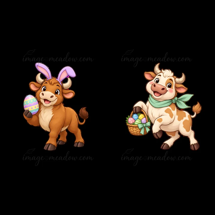 Two cartoon ox characters celebrate Easter. One ox holds a decorated egg while the other ox carries a basket filled with colorful eggs. They both wear festive a
