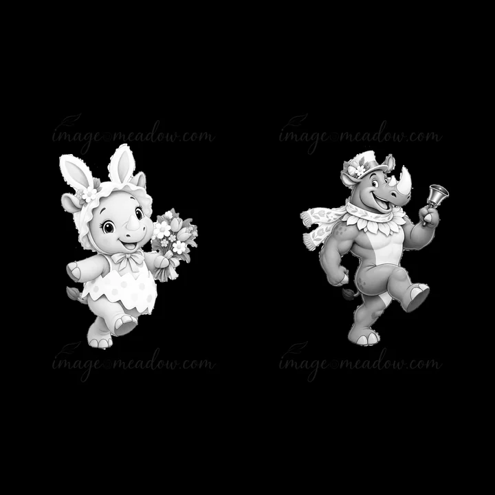 A rhinoceros character dressed in festive attire holds a bell. Next to it, a bunny character carries flowers and wears rabbit ears. Both characters are monochro