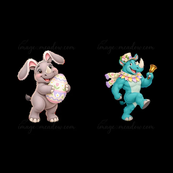 A bunny holds a decorated Easter egg while a rhinoceros plays a bell. The characters are joyful and festive, embodying the Easter spirit with colorful accessori