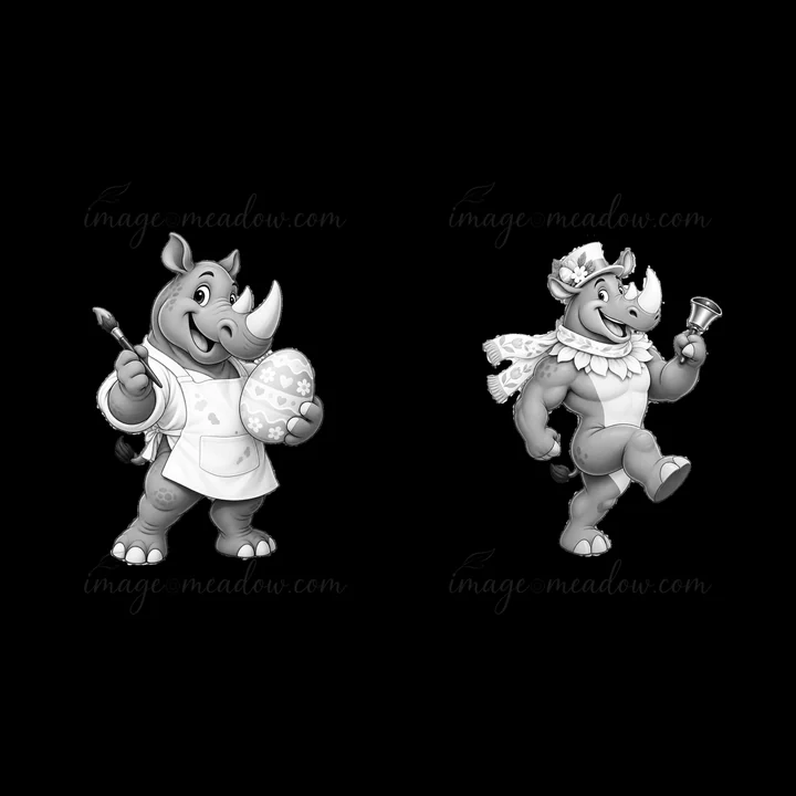 Two rhinoceroses celebrate Easter. One holds a painted egg and paintbrush, while the other rings a bell, both dressed in festive attire. Their joyful poses refl