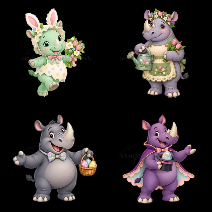 This illustration features four cartoon rhinos celebrating Easter. They engage in fun activities like holding flower bouquets, watering plants, and carrying bas