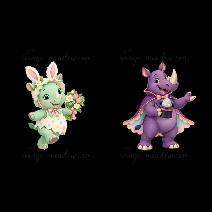 Two cartoon rhinoceros characters celebrate Easter. One holds a bouquet of flowers, while the other presents a cake. They are decorated in vibrant colors with f