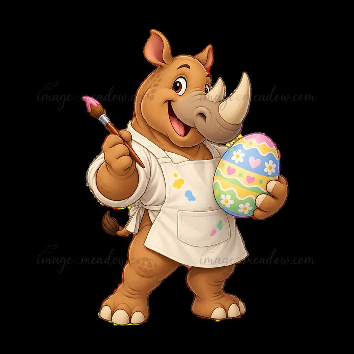 Rhinoceros character wears an apron and holds a colorful Easter egg. It has a paintbrush in one hand. The scene captures a playful mood as the rhino prepares fo