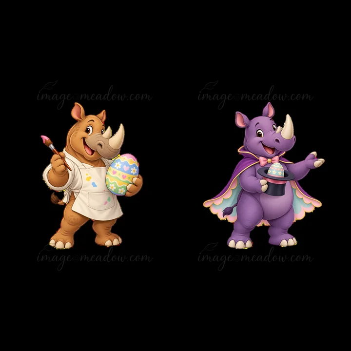 Two playful rhinoceroses celebrate Easter. One rhino holds a paintbrush and a decorated egg. The other rhino presents a cupcake with frosting. Both characters a