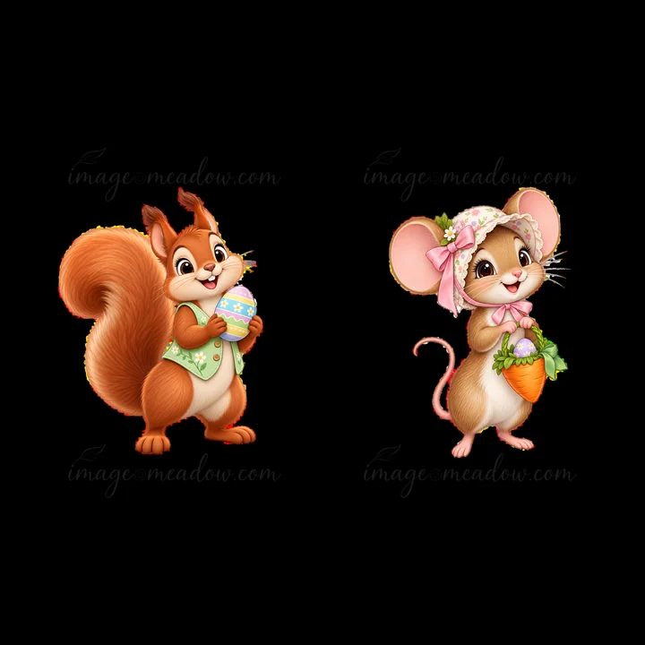 A squirrel stands on the left holding a decorated Easter egg, while a mouse on the right smiles holding a carrot. Both characters wear festive clothing, perfect