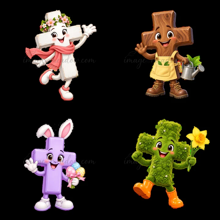 Four cartoon crosses in a 2x2 layout display joyful spring characters. The crosses feature a happy bunny, a watering can character, a flower-wearing cross, and