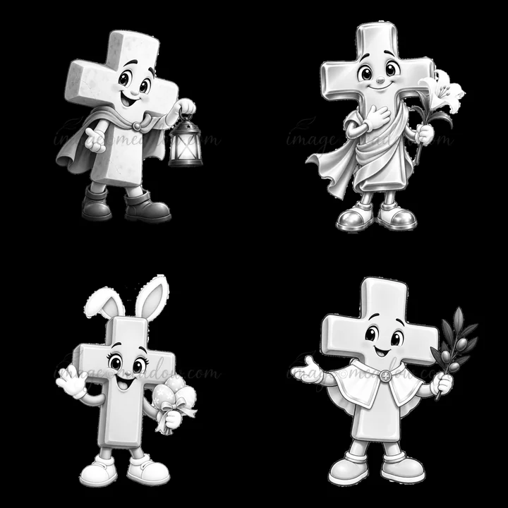 Four cartoon crosses in a 2x2 layout. Characters include a cross holding a lantern, a cross with a flower, a cross with Easter bunny ears, and a cross with a br