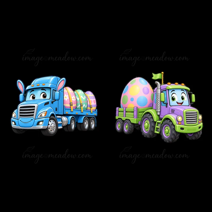Two cartoon trucks transport large Easter eggs. The first truck is blue with bunny ears and colorful eggs in its back. The second truck is green and purple with