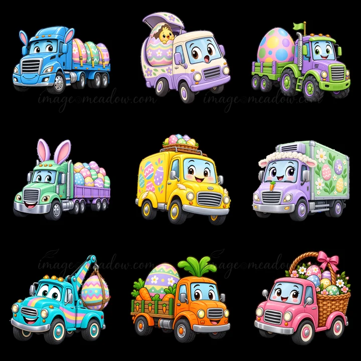 Nine colorful cartoon trucks are arranged in a grid. Each truck carries Easter eggs or festive items like baskets and bunnies. The cartoon style features bright