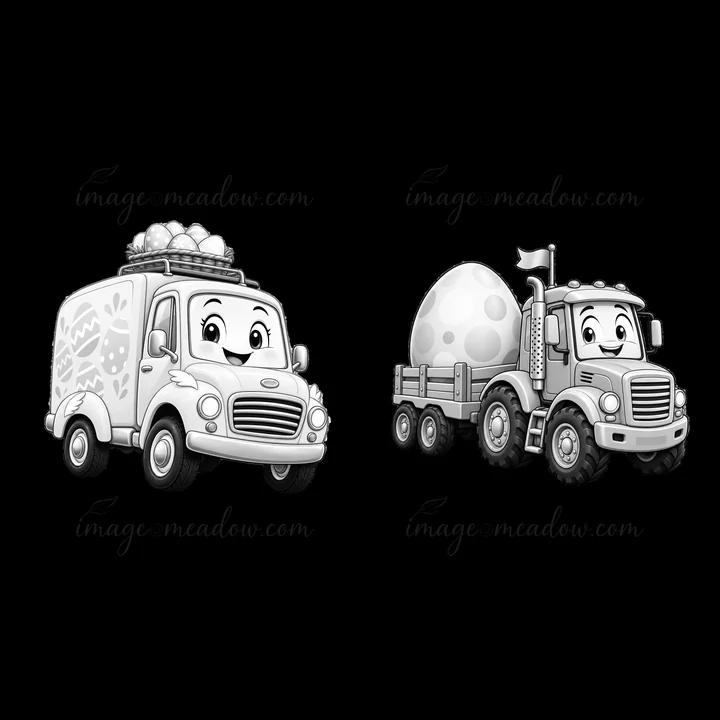 Two cartoon trucks with a playful design are delivering Easter eggs. One truck has a decorated exterior with eggs on top, while the other carries a large egg wi