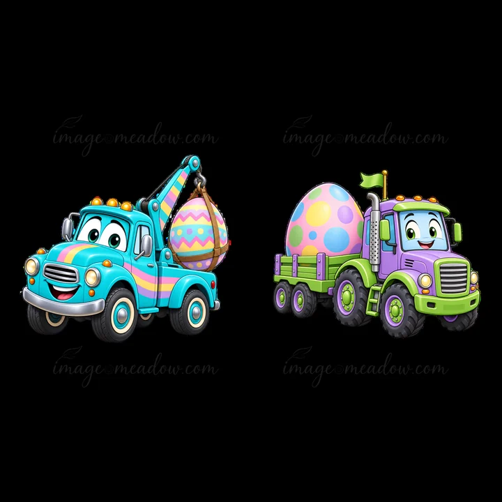 Two cheerful cartoon trucks are seen with large, decorated Easter eggs. The blue truck hauls a colorful egg in a sling while the purple truck carries a giant eg