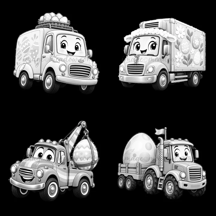 Four cartoon trucks are featured in a grid layout. Each truck is uniquely decorated for Easter. They are carrying colorful eggs and have playful designs. The tr