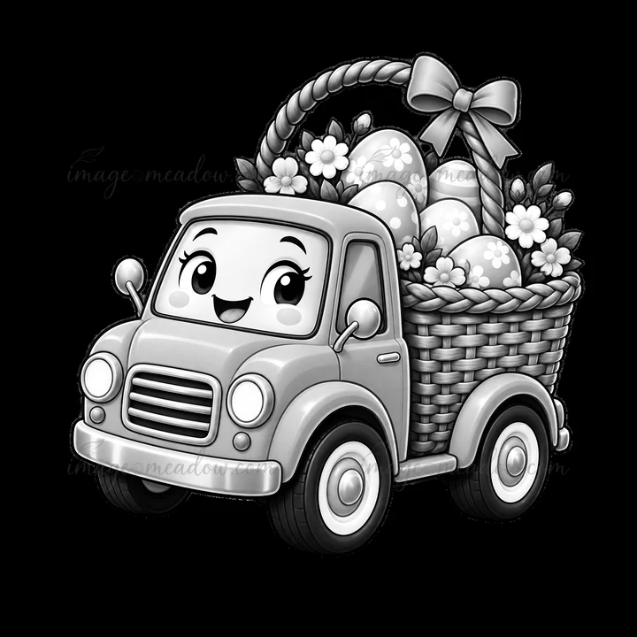 A cheerful truck carries a large basket filled with decorated eggs and flowers. The truck has a smiling face and is set against a plain background. This illustr
