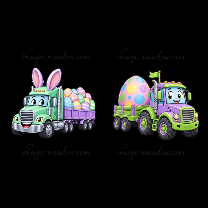 Two cartoon trucks are decorated for Easter. One truck, colored green, carries pastel eggs and features bunny ears. The other purple truck holds a large decorat