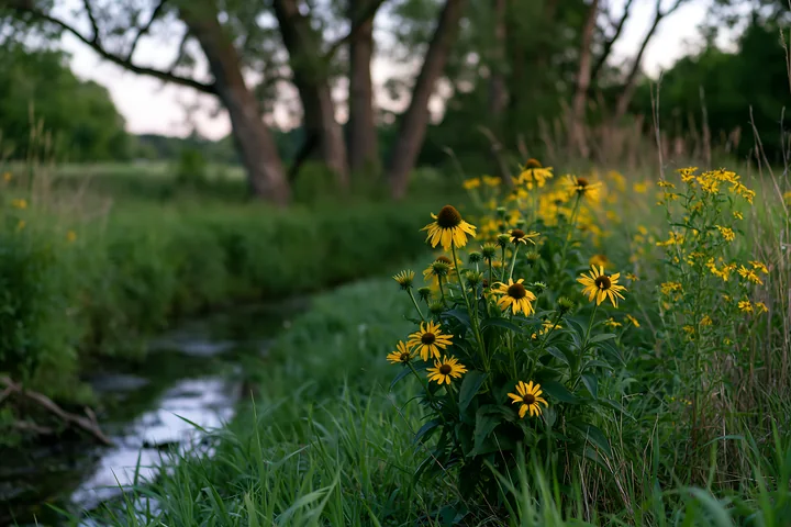 Echinacea flowers bloom near a stream in a prairie setting.