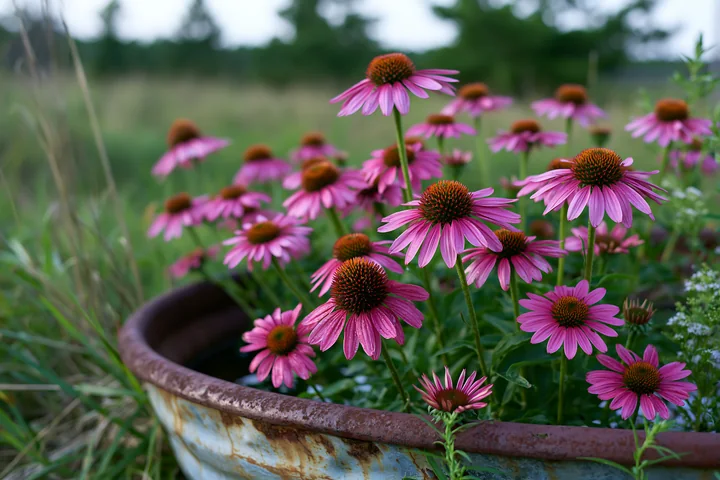 Echinacea flowers in prairie bloom in a rustic metal container surrounded by green grass and other wild plants.