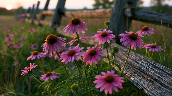 Echinacea flowers in prairie flourish beside an old wooden fence as the sun sets in the background, creating a natural scene filled with colorful blooms in tall