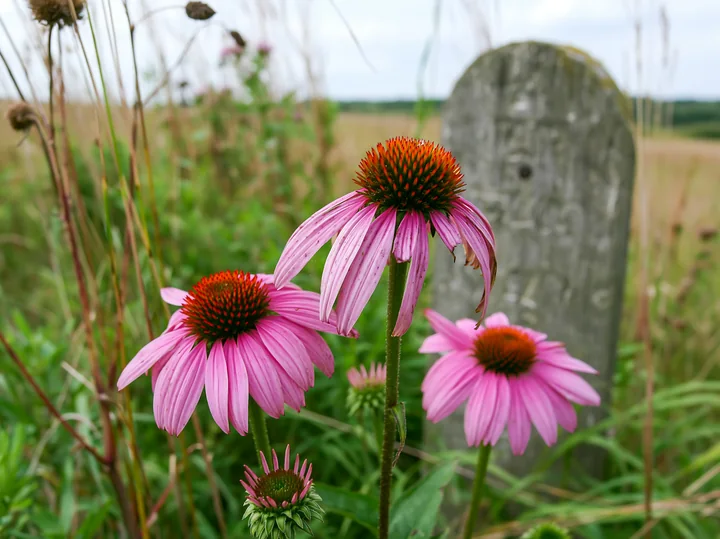 Echinacea flowers in prairie grow among tall grass under a cloudy sky.