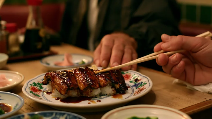 Eel sushi with sweet sauce is served on a decorative plate at a table.