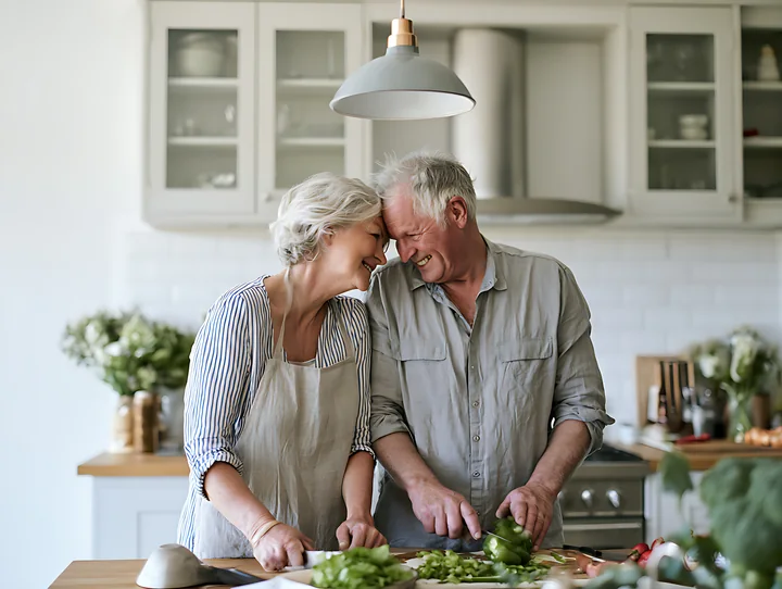 Elderly couple smiles affectionately while preparing vegetables together in a bright home kitchen with copy space.