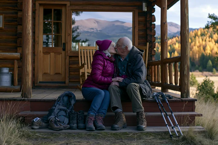 Elderly partners kiss while seated on a rustic cabin porch with mountains and autumn forest behind them.