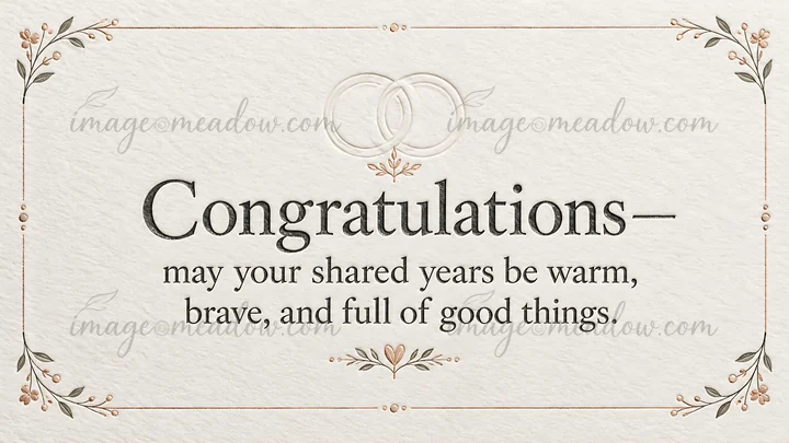 An ivory textured wedding greeting illustration reads, “Congratulations—may your shared years be warm, brave, and full of good things.” Black serif lettering si