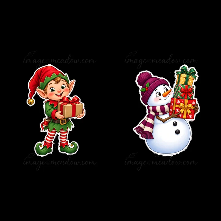 An elf is smiling while holding a small present in one hand. Next to him, a snowman wears a purple hat and scarf, balancing several colorful gifts. The setting