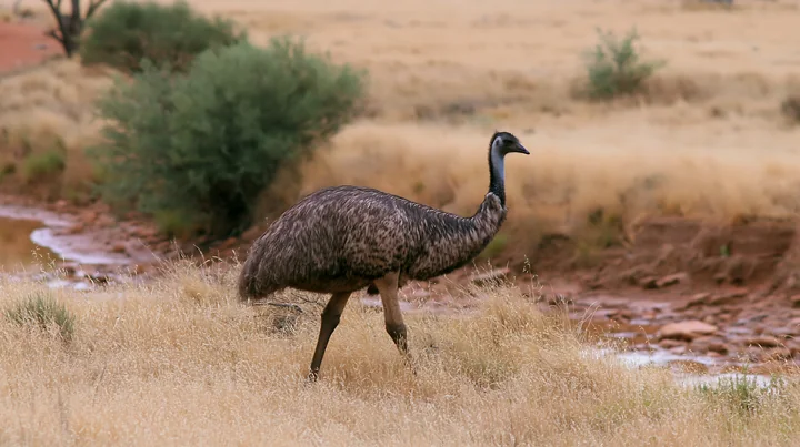 Emu walking through dry grassland beside a shallow creek on an outback plain.