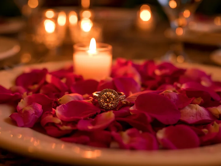 Engagement ring resting among scattered red rose petals with glowing candles in the background.