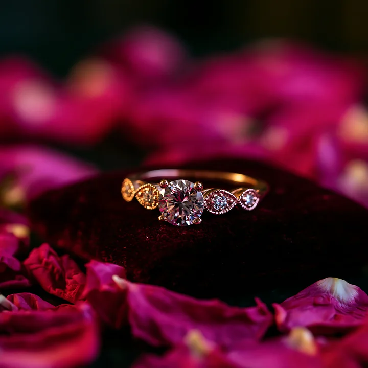 Engagement ring rests on a dark surface surrounded by scattered pink and red flower petals.