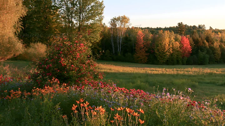 A large meadow is filled with various flowers and plants. Lanterns hang from trees. Background features a dense forest with trees in different colors during aut