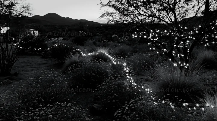 A meadow features drought tolerant plants and a garland of lights during the evening. The scene shows a winding path illuminated by lights, set against mountain
