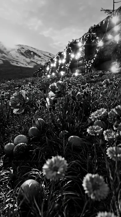 A Christmas meadow features various flowers and decorative wreaths. Log pieces are placed among the greenery. Snowy mountains serve as the backdrop, making the