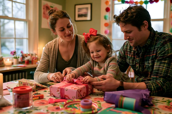 Families often spend time together wrapping gifts at home.