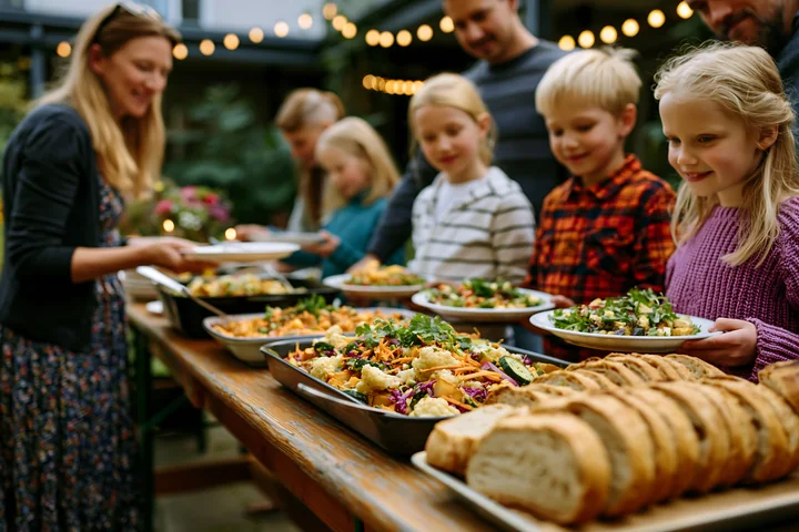 Families serve salads, vegetables, bread, and other dishes at an outdoor community potluck buffet.