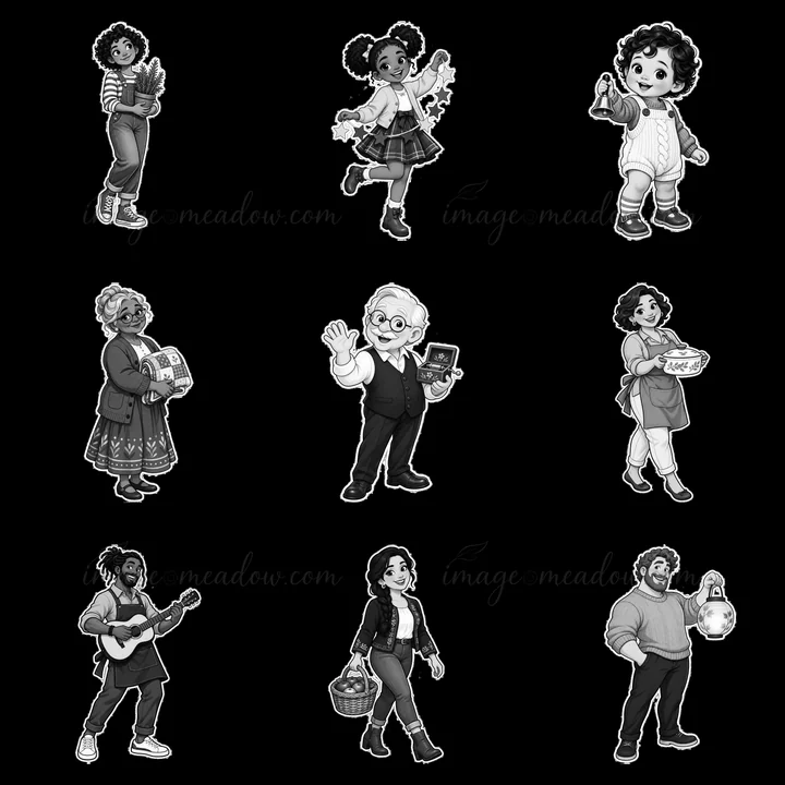 A set of cartoon stickers displays nine family characters in different activities. Each character represents a unique role within the family. The arrangement sh