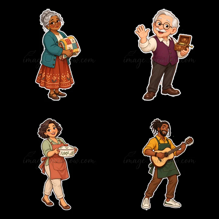 Four cartoon stickers depict family diversity. An elderly woman holds a quilt, a man waves with a book, a woman carries a bowl, and a man plays guitar. They rep