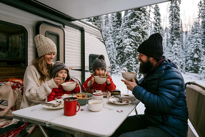 Family eats breakfast together beside a camper while snow-covered trees fill the background.