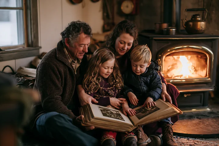 Family gathers around a warm fireplace, sharing stories while looking at a photo album.