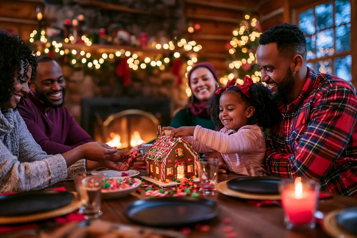 Family members decorate a colorful gingerbread house together at a festive dining table beside a glowing fireplace.
