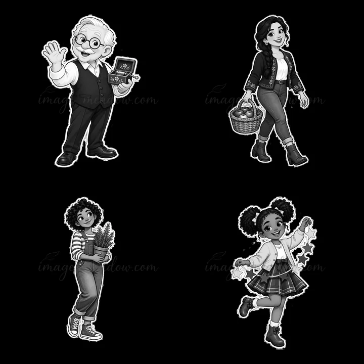 A grandfather holds a box while waving. A woman carries a basket. A boy holds a pot of plants. A girl dances with stars. These characters represent traditional