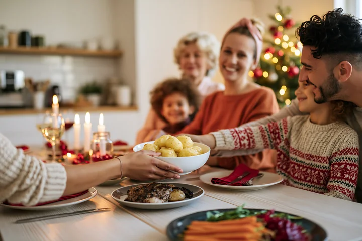 Family members share a Christmas meal around a dining table while passing a bowl of potatoes.