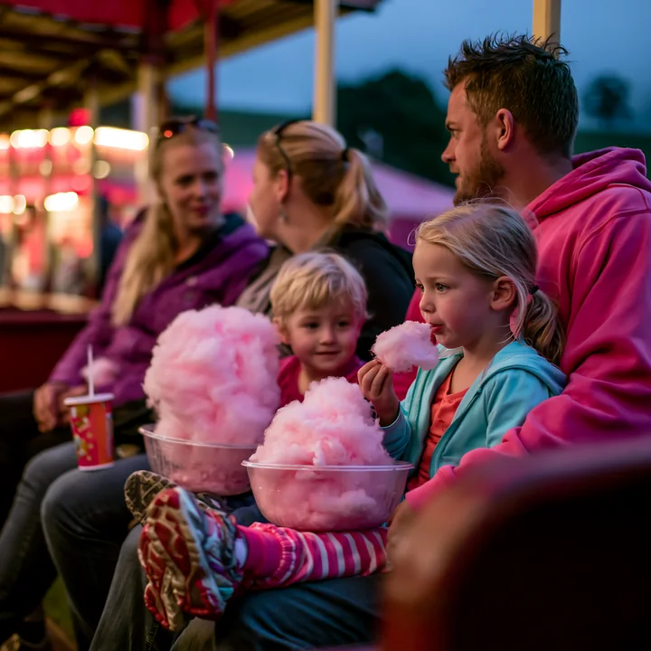 Family members share pink cotton candy while seated together at a brightly lit evening funfair.